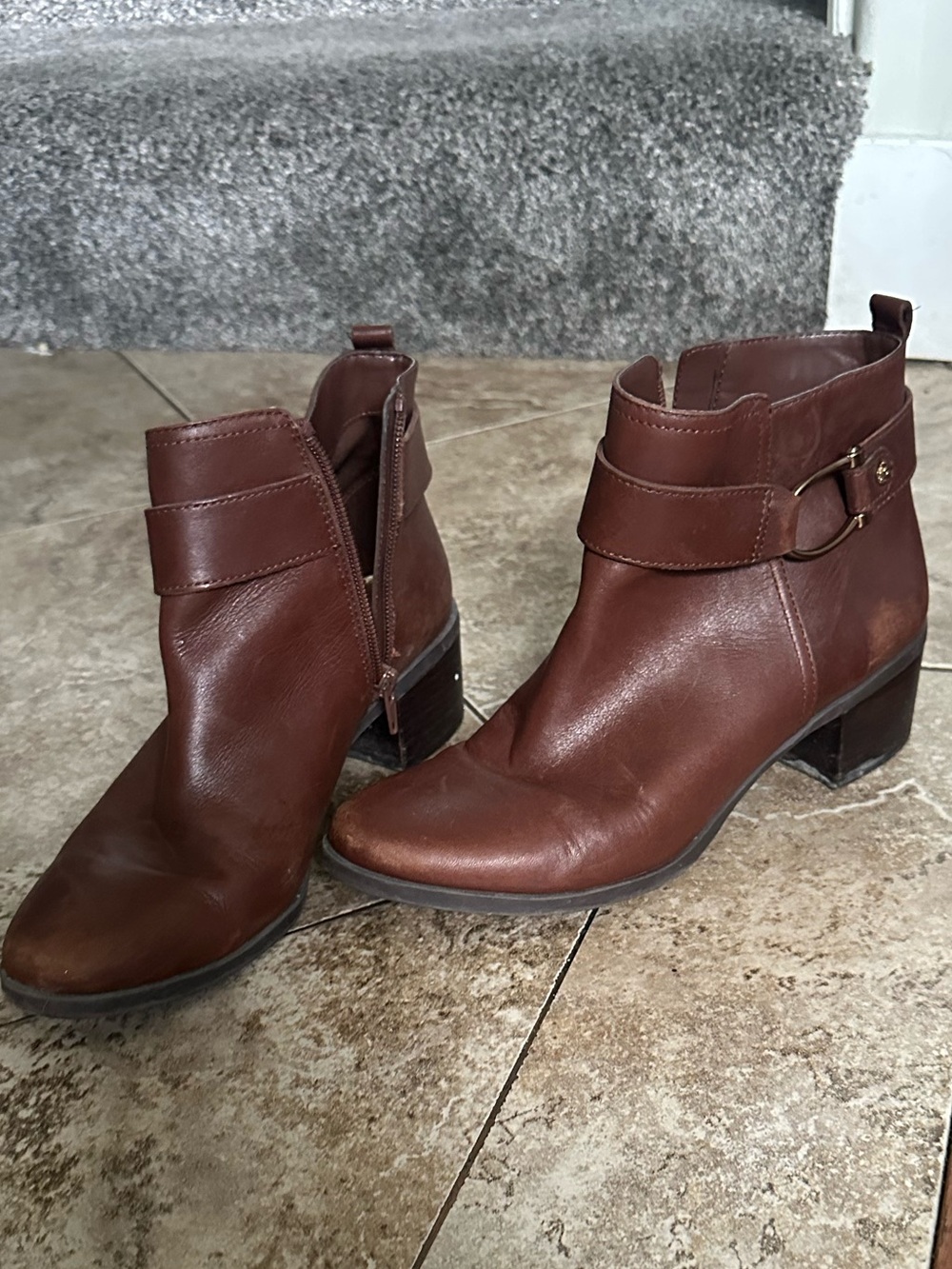 Anne Klein Chestnut Brown Leather Ankle Booties with Buckle Accent